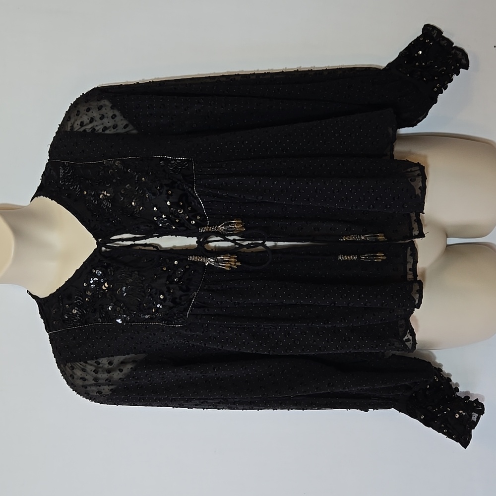 Zara Sheer Black Tasseled Plumetis Dotted Mesh Jacket Velvet‎ Sequins Size M